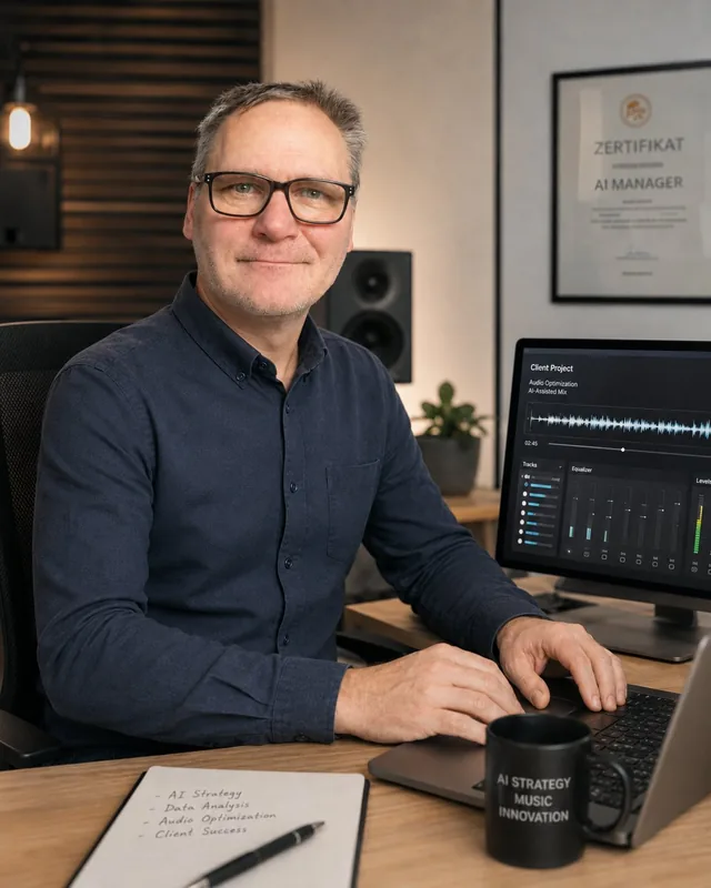Sven Frank an seinem Arbeitsplatz mit Audio-Software, Studio-Monitoren und IHK-Zertifikat AI Manager im Hintergrund, KI-Musikproduzent aus Korschenbroich